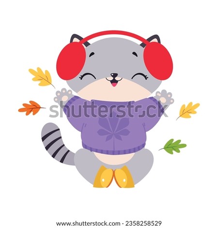 Funny Autumn Grey Cat Wear Sweater and Earmuffs Vector Illustration