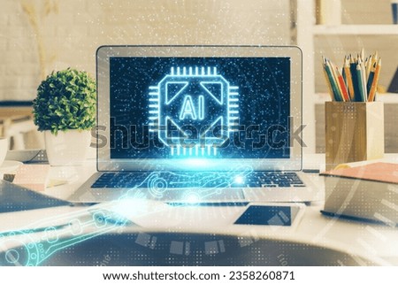 Multi exposure of desktop with personal computer and tech theme drawing. Concept of Bigdata. Royalty-Free Stock Photo #2358260871