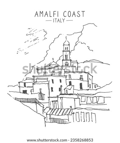 Vector sketch draw graphic illustration, Painted architecture of Amalfi Coast graphics. Drawing urban landscape black and white graphics Amalfi Coast of Italy, Liner sketches architecture. Royalty-Free Stock Photo #2358268853