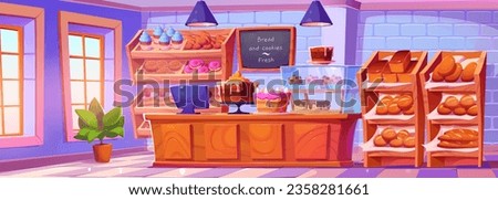 Bakery shop interior with checkout, display cases and shelves with freshly baked bread and baguettes, buns and cakes, donuts and cupcakes. Cartoon vector illustration of warm fresh pastries market. Royalty-Free Stock Photo #2358281661
