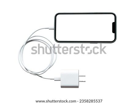 Mobile smartphone white screen or blank screen charging battery isolated on transparent background, PNG Format.