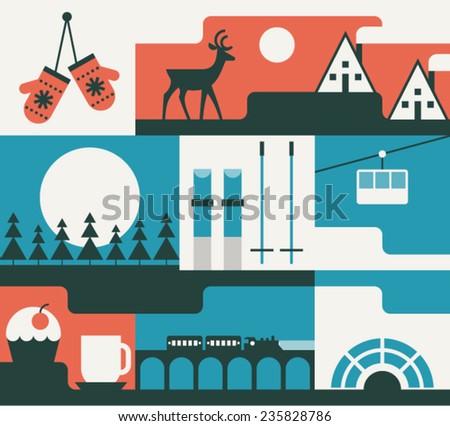 Vector illustration icon set of winter: mittens, deer, house, forest, skis, lift, cake, coffee, train, icehouse