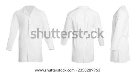 Medical uniform isolated on white, collage with back, side and front views Royalty-Free Stock Photo #2358289963
