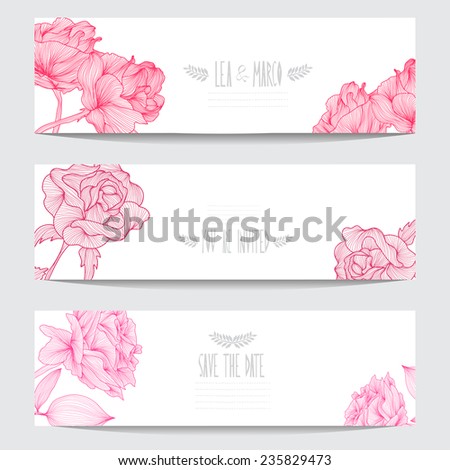Elegant cards with decorative rose flowers, design elements. Can be used for wedding, baby shower, mothers day, valentines day, birthday cards, invitations. Floral banners. Vintage decorative flowers