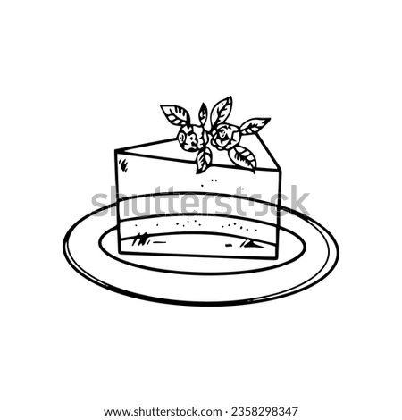 A piece of cake on a plate in doodle style on a white background. Festive concept. Hand drawn vector outline sketch icon.