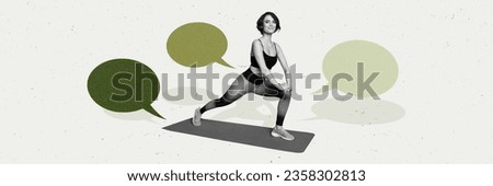 Artwork collage picture of positive black white colors girl stretching fitness carpet dialogue bubble communication