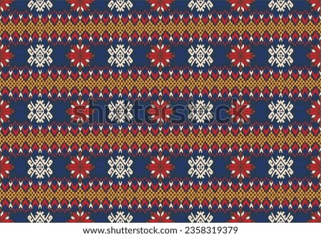Vector nordic ornament. winter scandinavian seamless pattern, border design for fashion fabric, knit, textile, cross embroidery. Norwegian background with red and blue colors
