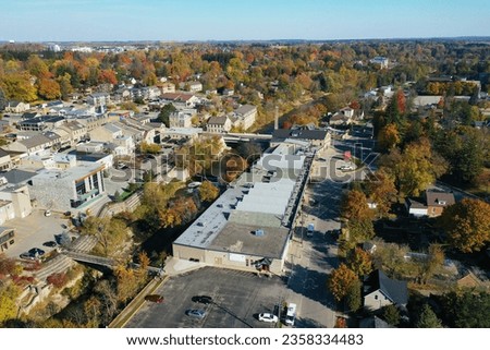 An aerial view of Fergus, Ontario, Canada on autumn day