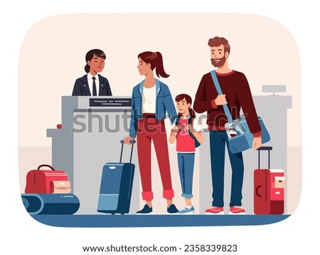 Family with luggage in airport going on trip. Happy traveler mother woman, father man person with girl child at check-in counter. Passenger control, departure, travel, journey flat vector illustration Royalty-Free Stock Photo #2358339823