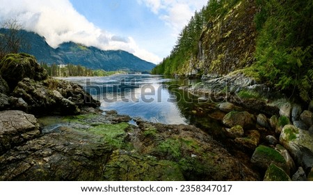 picturesque sea bay. Rocky shores and coniferous forest. Skookumchuck Rapids. tidal currents create standing waves and whirlpools. Skookumchuck Narrows Provincial Park. British Columbia, Canada Royalty-Free Stock Photo #2358347017