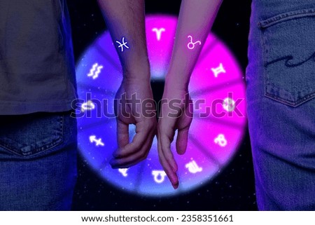 Astrology. Zodiac wheel and couple against black background, closeup