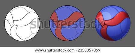 Volleyball ball in several versions. Set. Isolated illustrations. Line art of volleyball ball, flat style volleyball ball, volumetric volleyball ball. Vector illustration.