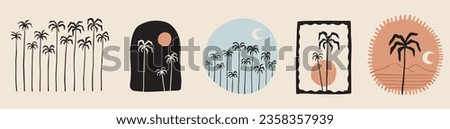 Vector hand drawn palms illustration, hippie boho palm tree surfer style doodle set
