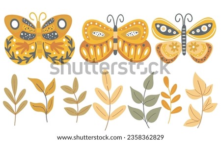 Hand drawn set of butterflies and leaves. Autumn moths, foliage and twigs, isolated clip art, vector illustration