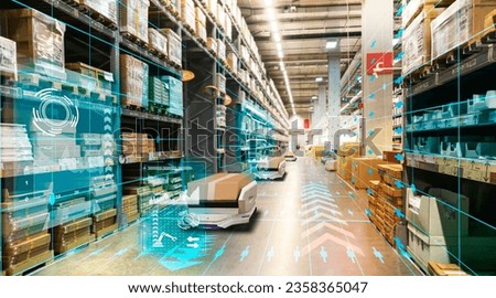Warehouse management with automated robotics,Warehousing and Technology Connections.,using automation in product management,AI systems for work Royalty-Free Stock Photo #2358365047