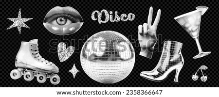 Disco-themed collage kit. Bright retro 80s elements. For rollerdrome party with cocktails and music. Vector illustration in the style of points. Royalty-Free Stock Photo #2358366647