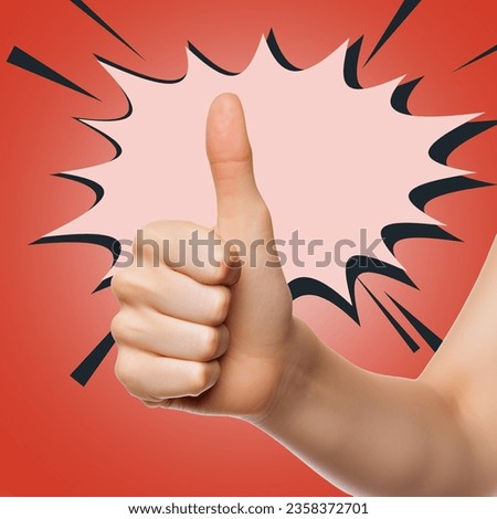 Closeup of male hand showing thumbs up with speech bubble.