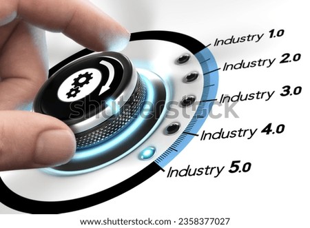 Hand turning a knob with gears icon over white background. Concept of industrial revolutions steps and industry 5.0. Composite image between a photography and a 3D background.