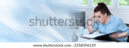 Surprised businesswoman looking at document in folder; panoramic banner