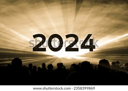 Happy new year 2024 yellow laser show party people crowd. Luxury entertainment with audience silhouettes turn of the year celebration. Premium nightlife event at holidays season party time