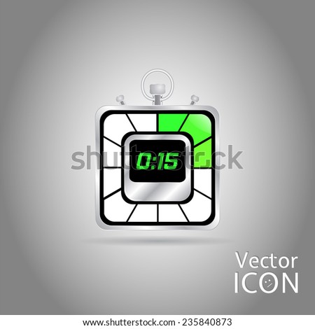 Electronic stopwatch icon. Realistic metallic timer. Fifteen seconds. Kitchen clock. Flat design style. Made in vector illustration