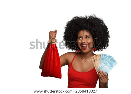 a woman holds shopping bags and Brazilian money, a teenage girl smiles and looks at the camera, in a red dress, a young black woman against