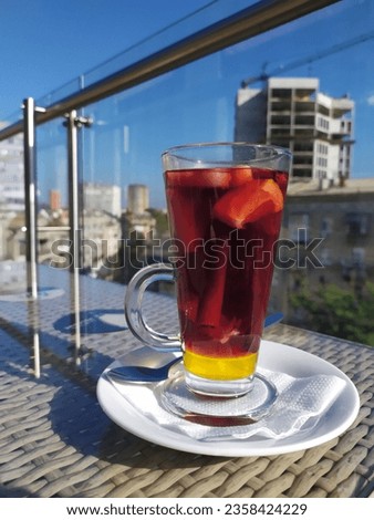 a cup of tea in a cafe on the roof of a high-rise building Royalty-Free Stock Photo #2358424229