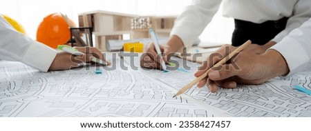 Worker, architect and engineer work on real estate construction project oratory planning with cartography and cadastral map of urban town area to guide to construction developer business plan of city Royalty-Free Stock Photo #2358427457