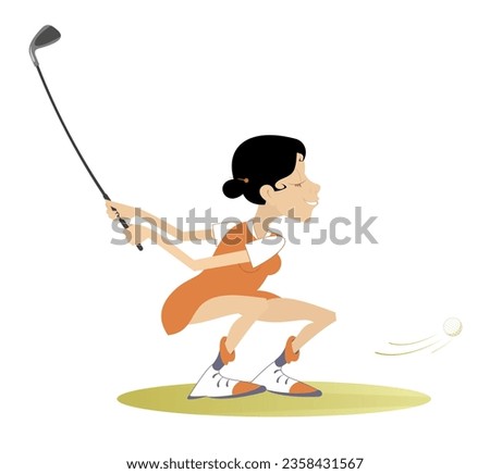 Golfer woman on the golf course. 
Golf course. Pretty young golfer woman aiming to do a good shot. Isolated on white background

