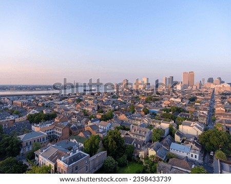 Drone shot of the New Orleans, Louisiana skyline at sunrise