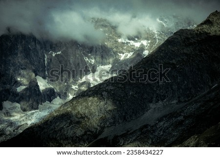 Mont Blanc mountain range under the snow in Valle d'Aosta in Courmayeur, in the summer of 2023