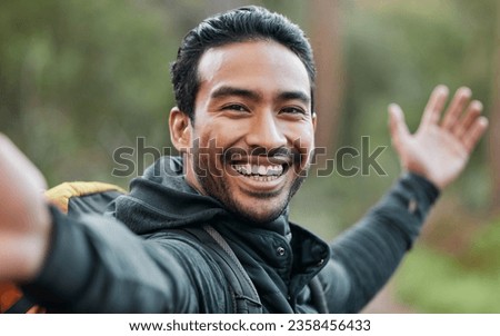 Hiking man, selfie and smile outdoor with pride, show environment and adventure in forest for wellness. Guy, photography and memory with profile picture, live streaming or post on social network