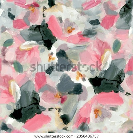 Seamless floral pattern with watercolor textured flowers background in pink, gray and black. Pastel colored flower garden pattern design vector prepared for textile digital printing