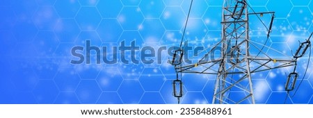 High voltage line pole on a blue background in a honeycomb pattern. Royalty-Free Stock Photo #2358488961