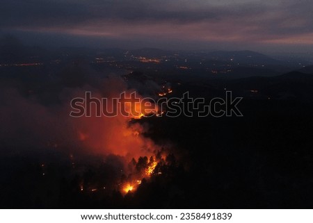 Aerial view of forest fires. Night view of the fires. Image of burnt forests