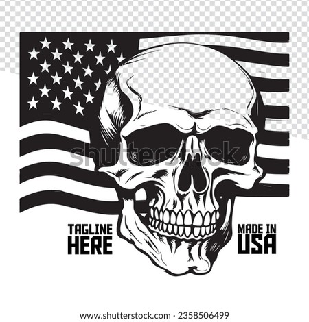 Vector Illustration: Monochrome Skull Emblem with USA Flag - Ideal for Logos, Labels, Emblems, Signs, Brand Marks, Posters, and T-Shirt Prints