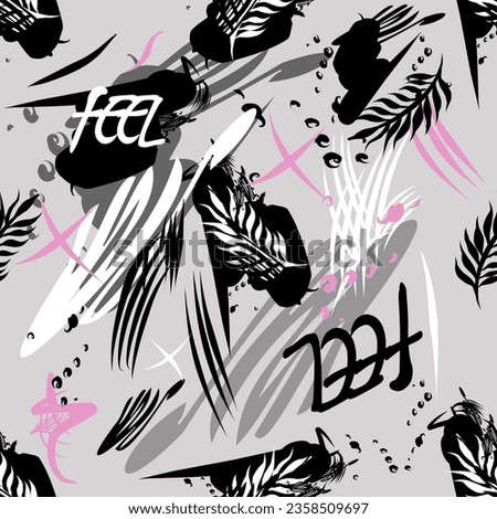 Seamless pattern of blots, stripes, text, splashes, crosses, spots. Pink, gray, white and black colors.