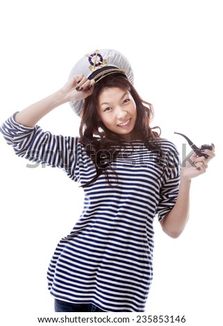 funny sailor asian woman on white background