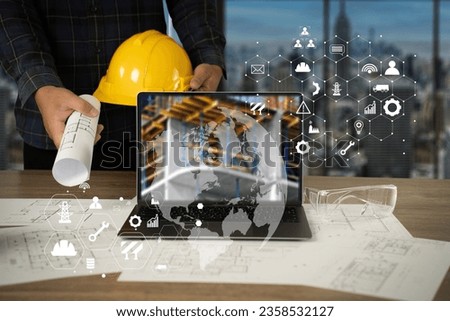 Engineer architect industry 4.0 using tablet construction site, industrial and innovation infographic at building futuristic architect control innovation safety design