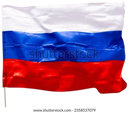 Big flag of Russia flutters. Isolated over white background.