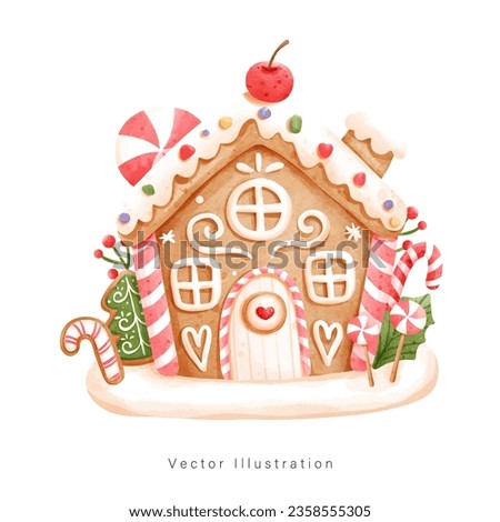 Christmas gingerbread house, candy house. Watercolor style, Vector illustration Royalty-Free Stock Photo #2358555305