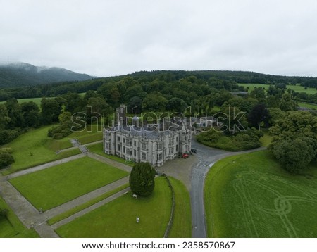 Aerial view of Narrow Water castle Elizabethan revival style mansion near the Northern Ireland - Ireland border