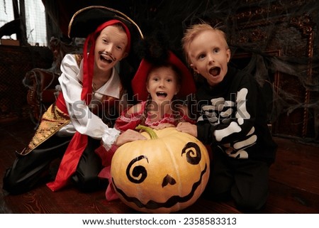 Three children in carnival costumes get very scared in an old castle with cobwebs. Adventure, fantasy, fairy tales. Halloween.