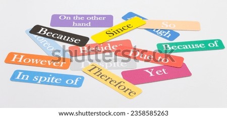 English colorful flashcards of conjuction words on white background