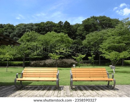 Park scenery with benches in summer　 21st century forest and plaza Royalty-Free Stock Photo #2358590327