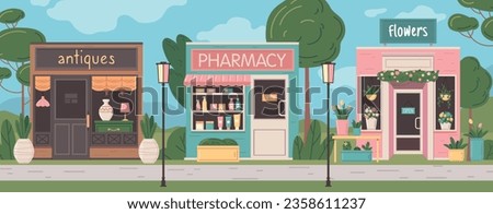 Flat city street with small business facades of pharmacy flowers and antiques shops vector illustration