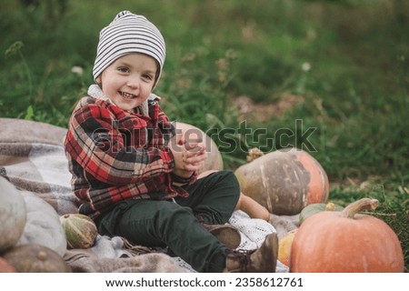 Little boy plays with organic pumpkins in the garden. Harvest in autumn. Halloween traditions and fun.