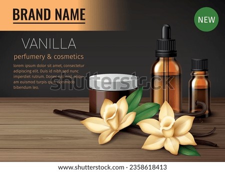 Realistic vanilla poster with aromatic flowers and perfume products vector illustration