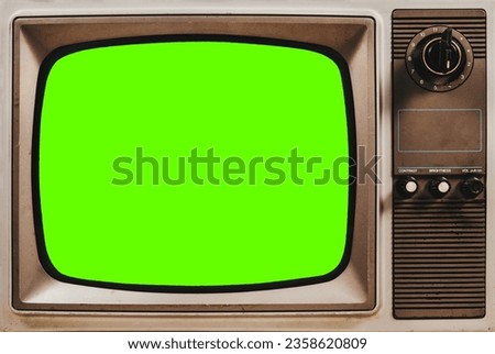 Front view of vintage old TV cut out green screen, close-up