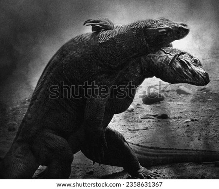 Fine Art picture of Komodo Dragons fight, in black and white with grainy